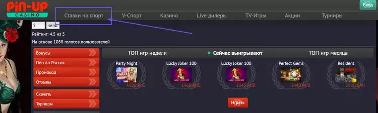 Ставки на спорт Pin-Up